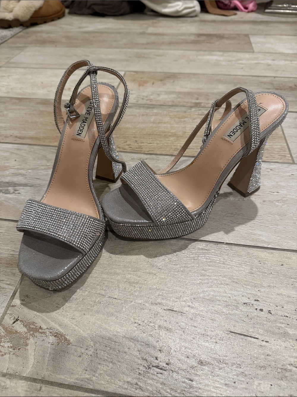 Steve Madden Silver Rhinestone Platform Block Heels